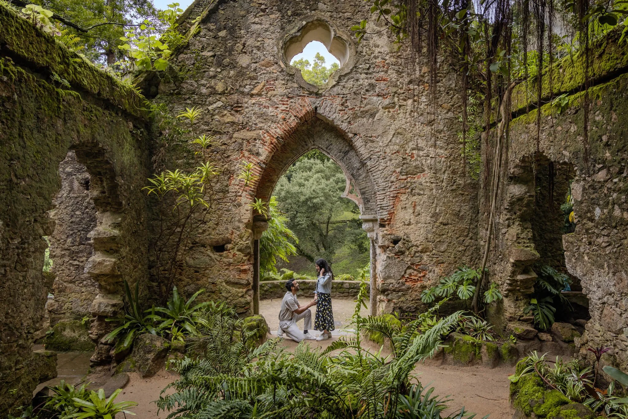 A romantic proposal scene with a man kneeling and holding the hand of a woman who looks surprised, amidst ancient stone ruins overgrown with plants and greenery in a lush outdoor setting.