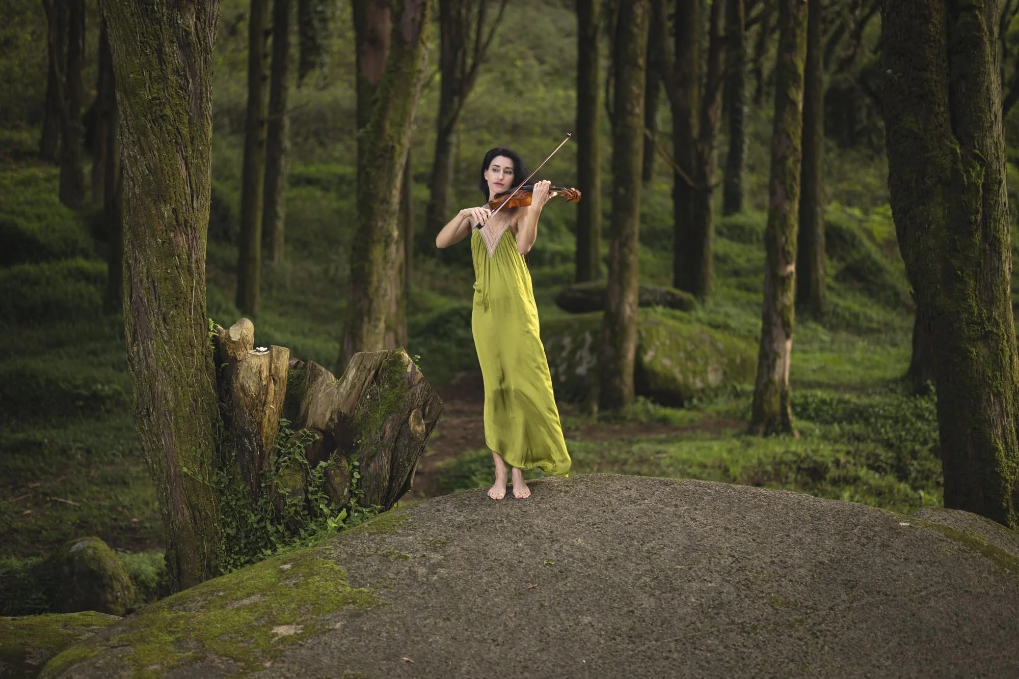 A woman in a long green dress playing the violin in a forest.
