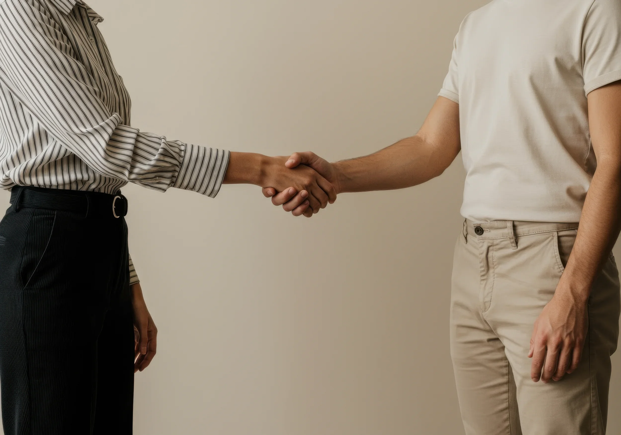 Two people shaking hands, one wearing a striped long sleeve shirt and the other in a short sleeved shirt and beige pants, against a plain background.