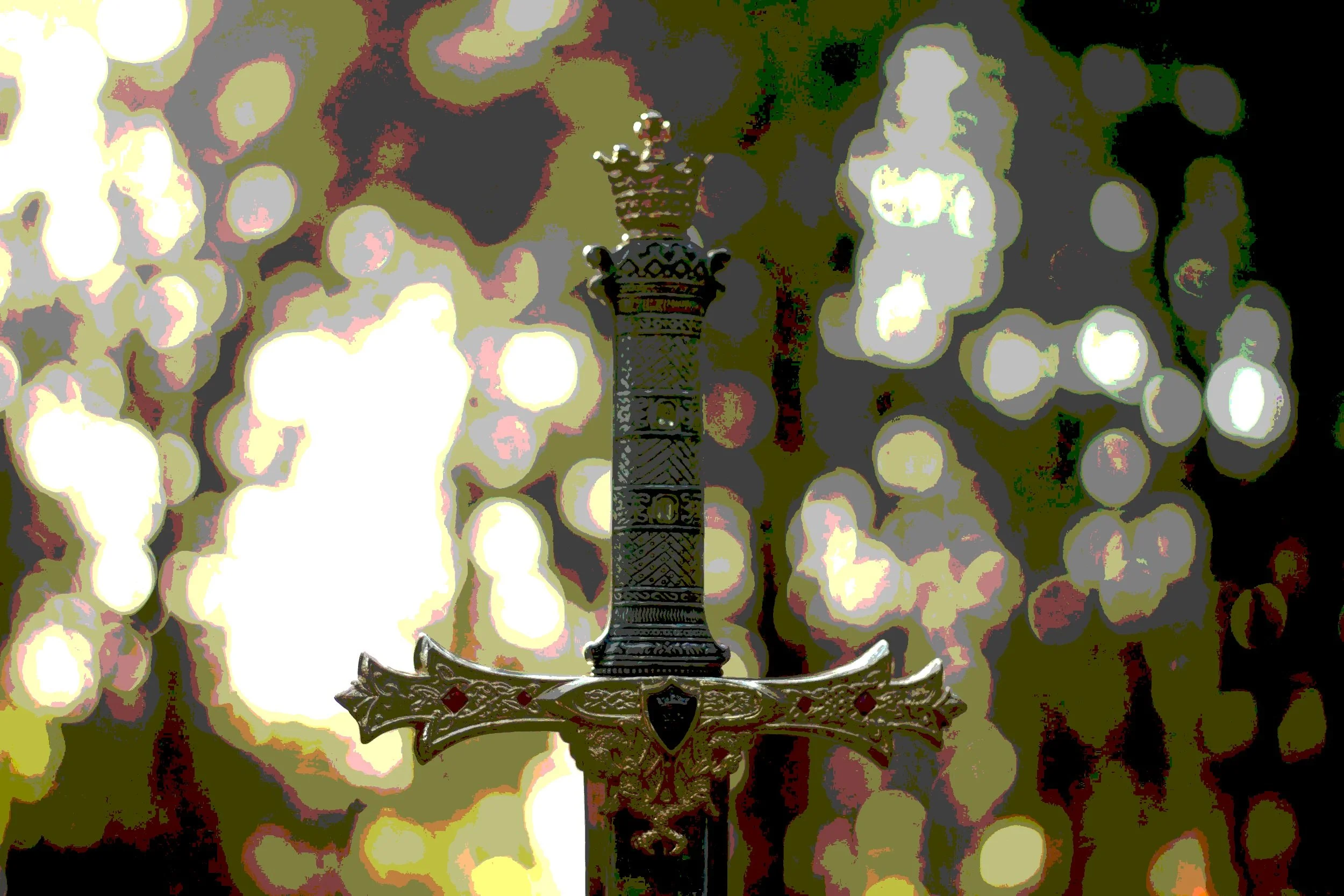 A decorative metallic candlestick holder with intricate designs, topped with a crown-like ornament, placed on a reflective surface, with a background of blurred bright, glowing orbs of light. Pull the sword from the stone and win the maiden.