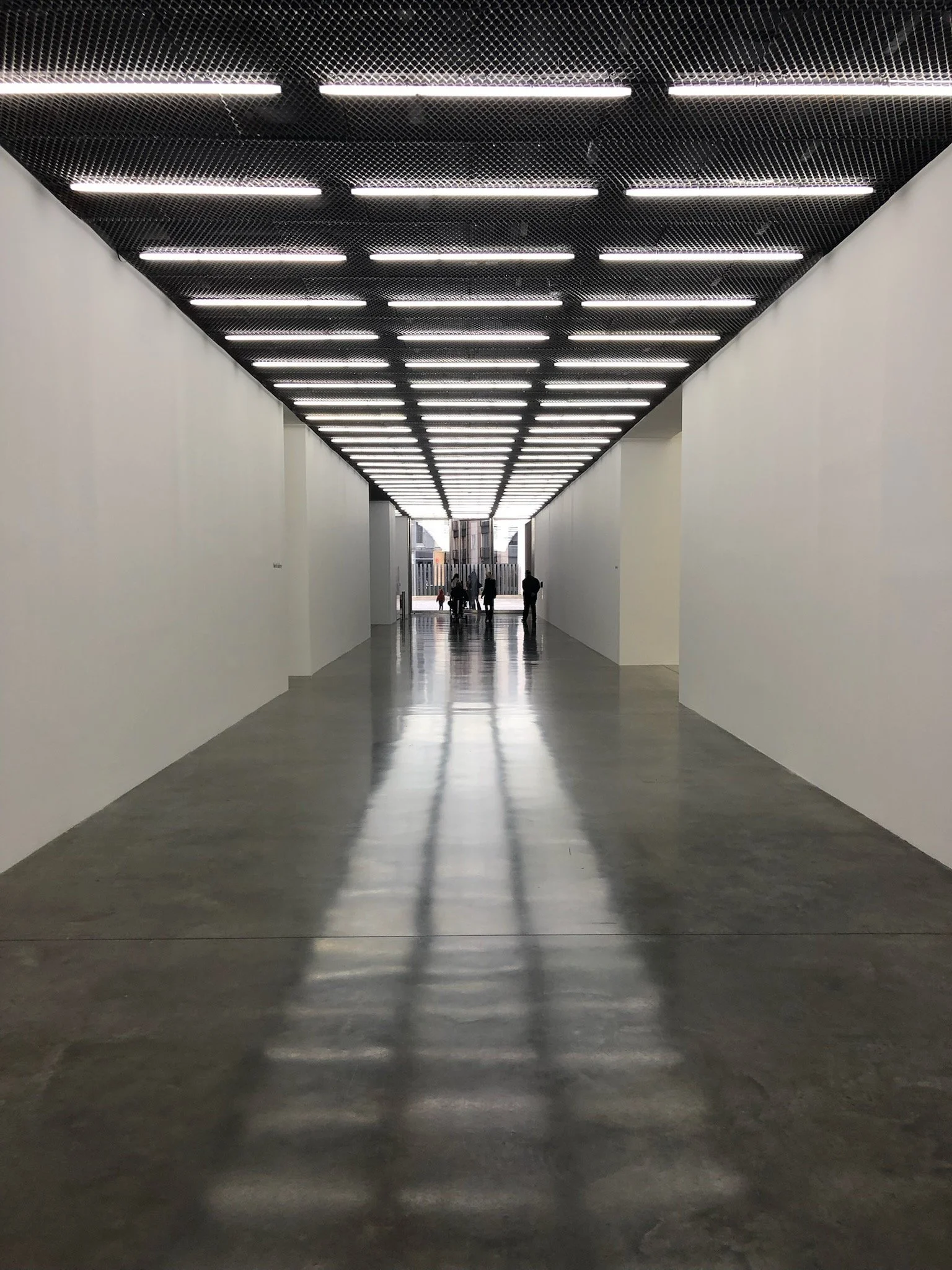 A modern, minimalist corridor with white walls, a polished concrete floor, and a black ceiling with evenly spaced linear lights. Few people are visible at the far end of the corridor.
