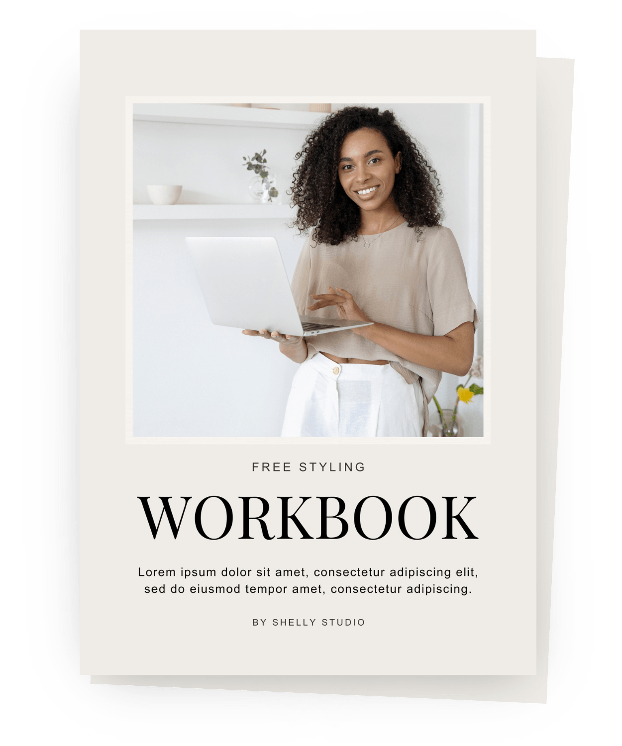 Cover of a workbook with a photo of a woman holding a laptop, smiling in a bright room, with minimalistic decor.