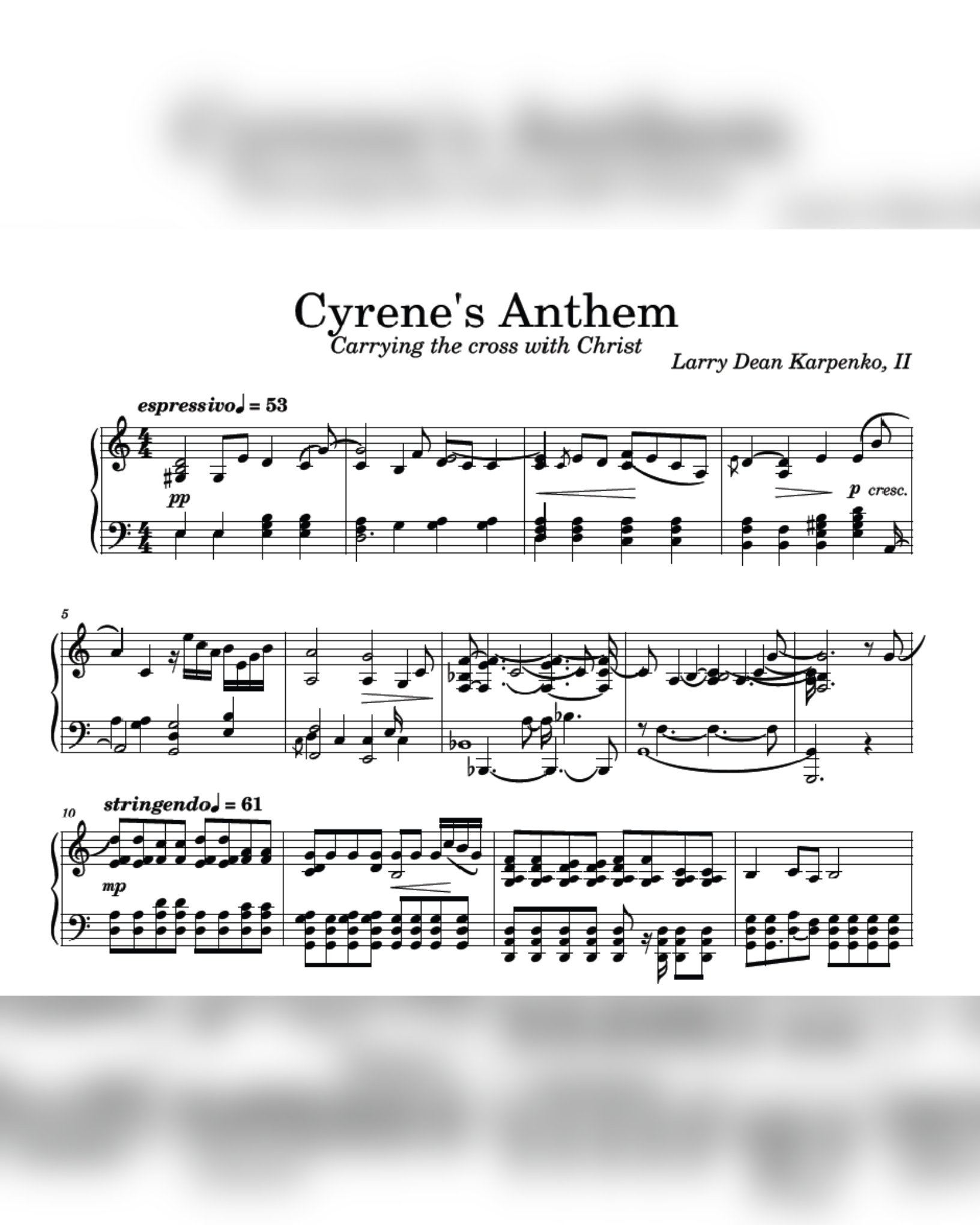 Cyrene’s Anthem — Solo Piano Score + Audio + Signed Artist's Letter (Carrying the Cross with Christ)