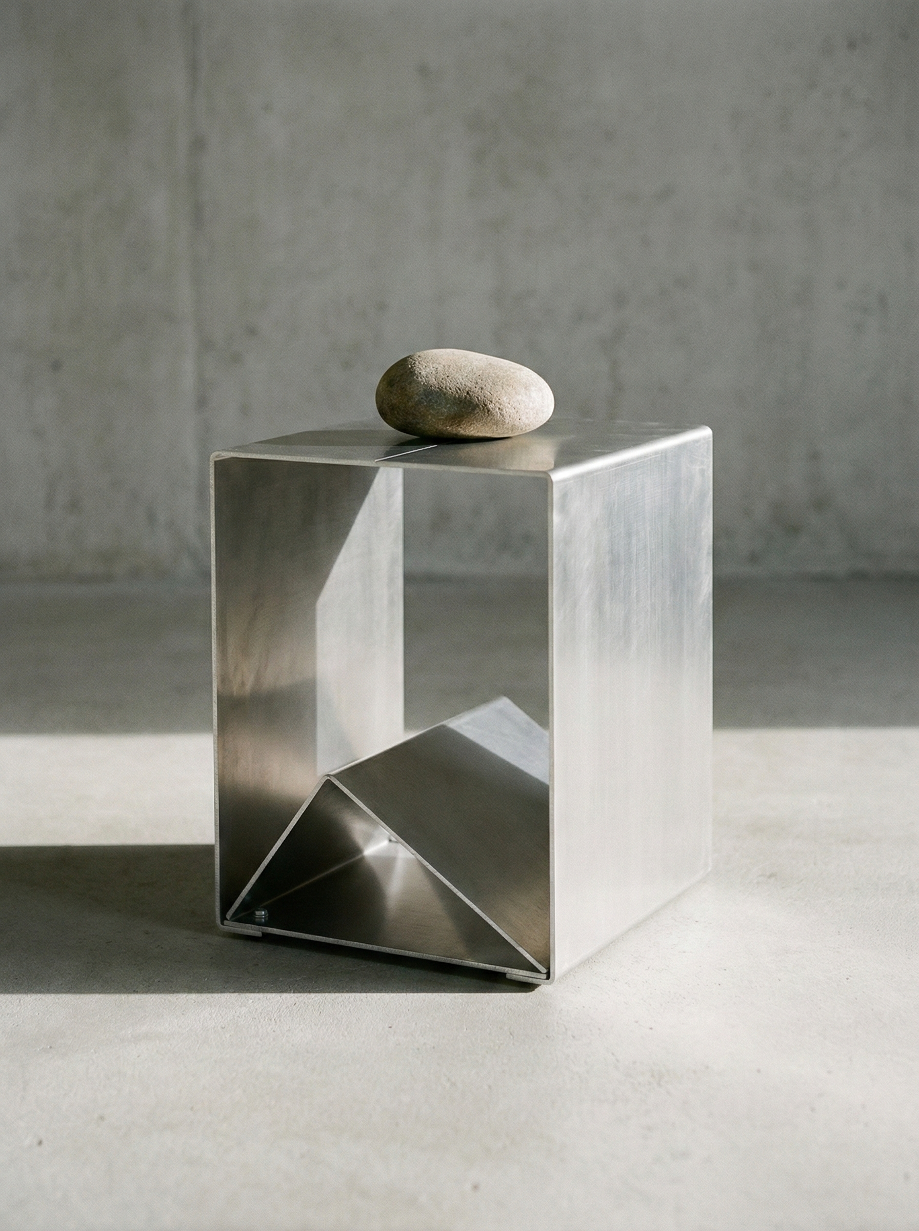 A single smooth stone resting on a modern, sleek metal table with a geometric design, against a plain concrete wall background.