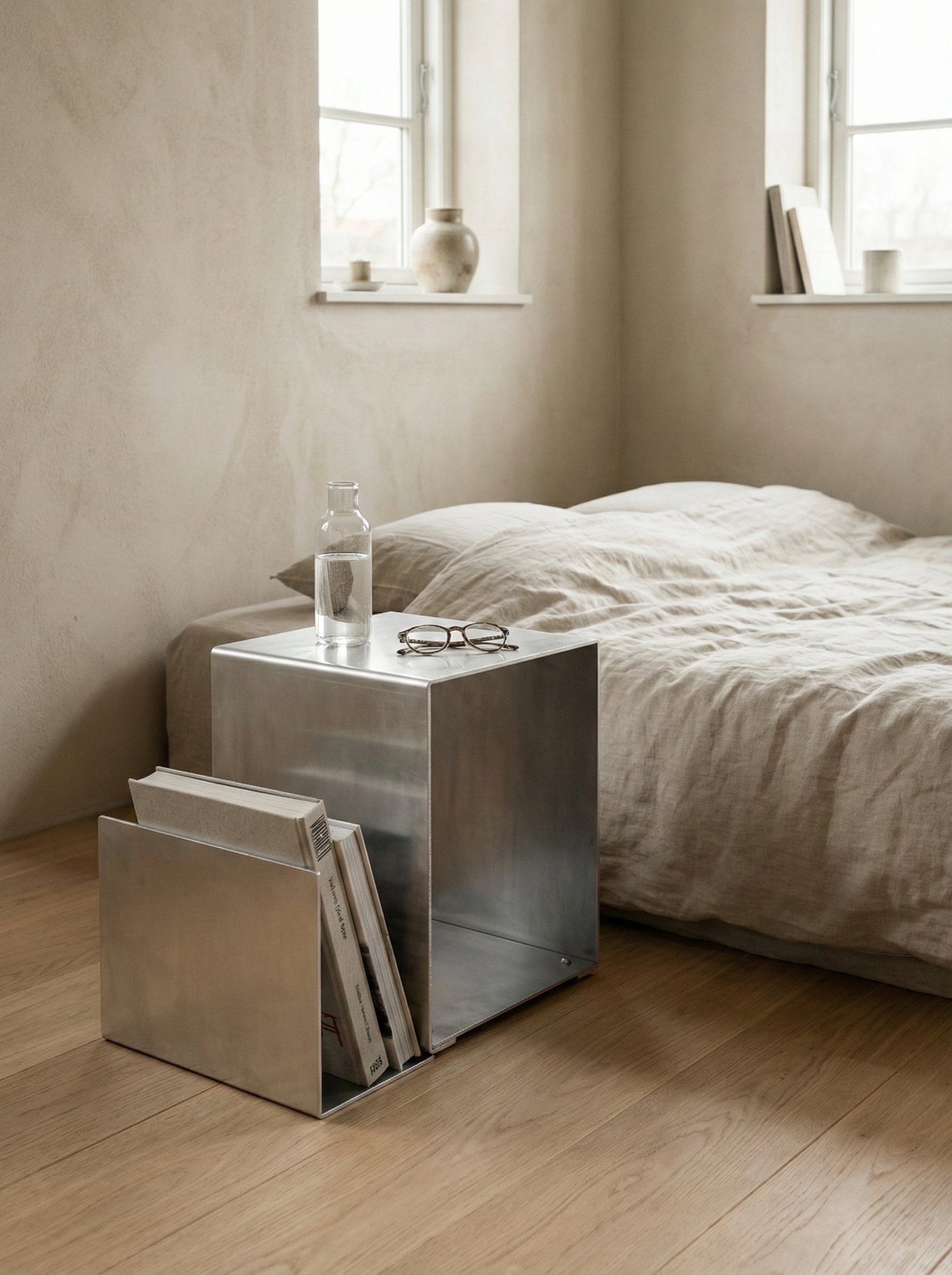 Minimalist bedroom with a bed, an aluminium side table holding a glass water bottle and glasses, and a bookshelf with magazines, in a room with cream walls and wooden flooring.