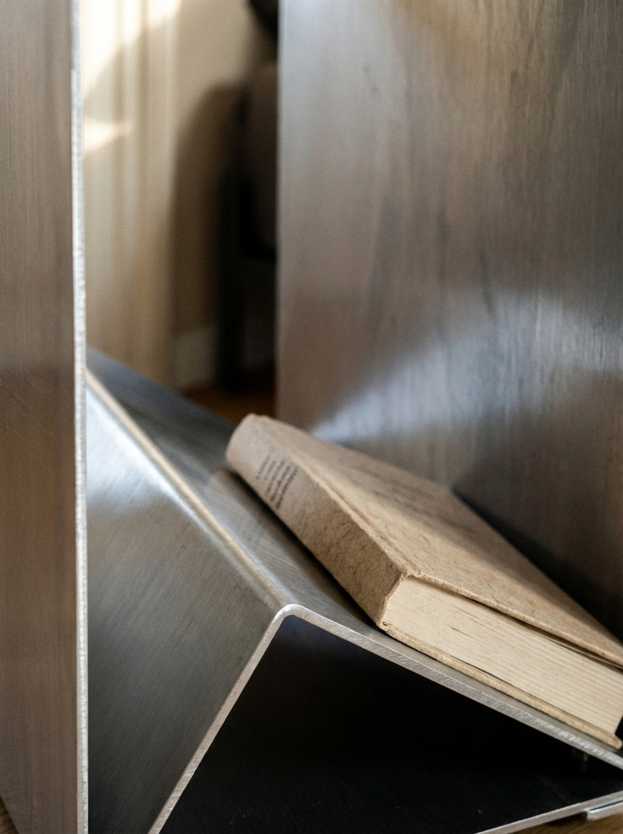 Close-up of a metal shelf holding a folded newspaper or magazine, with a blurred background of a room with beige walls and a piece of furniture.