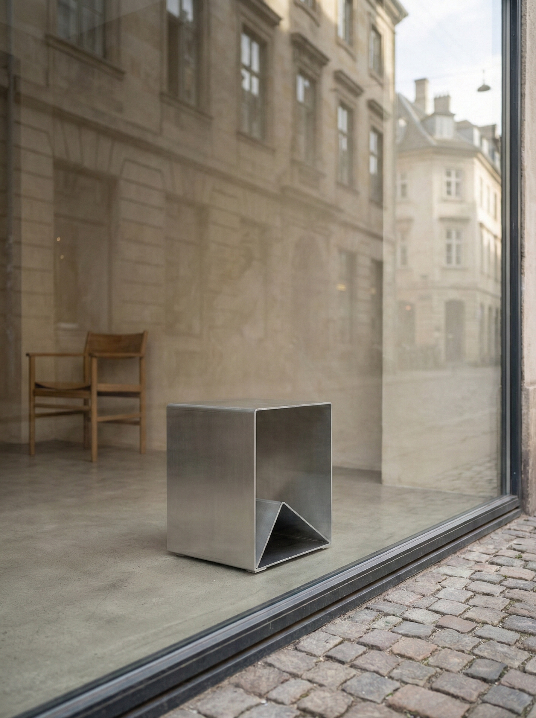 Interior view through a glass window showing a metal sculpture with geometric shapes on a concrete floor, with two wooden chairs and a window reflecting old buildings outside.