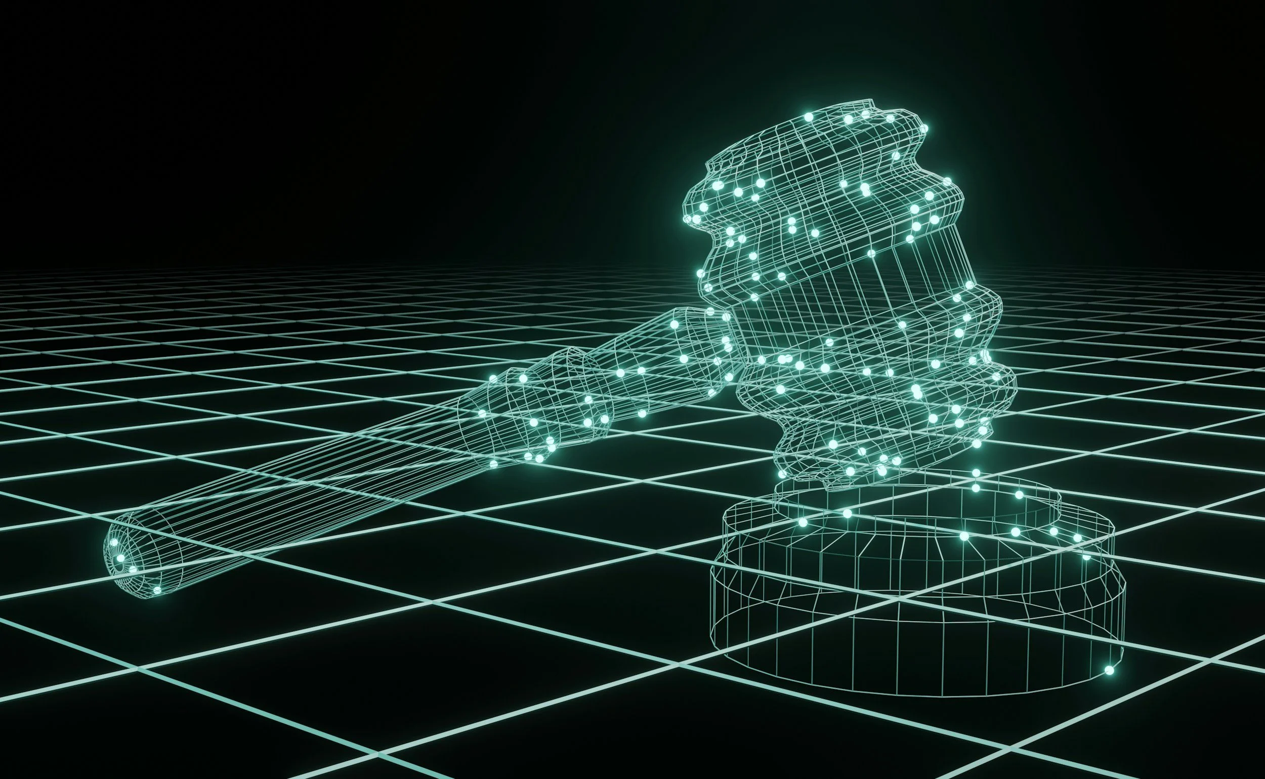 A digital, wireframe hologram of a gavel on a grid background, glowing with teal lines and points of light.