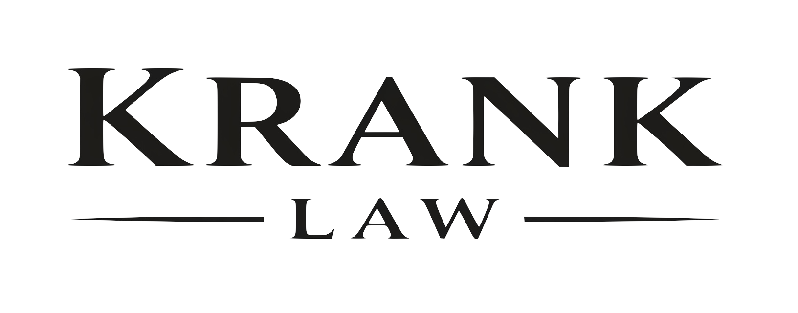 Logo with the words "KRANK LAW" in black with horizontal lines on each side of "LAW"