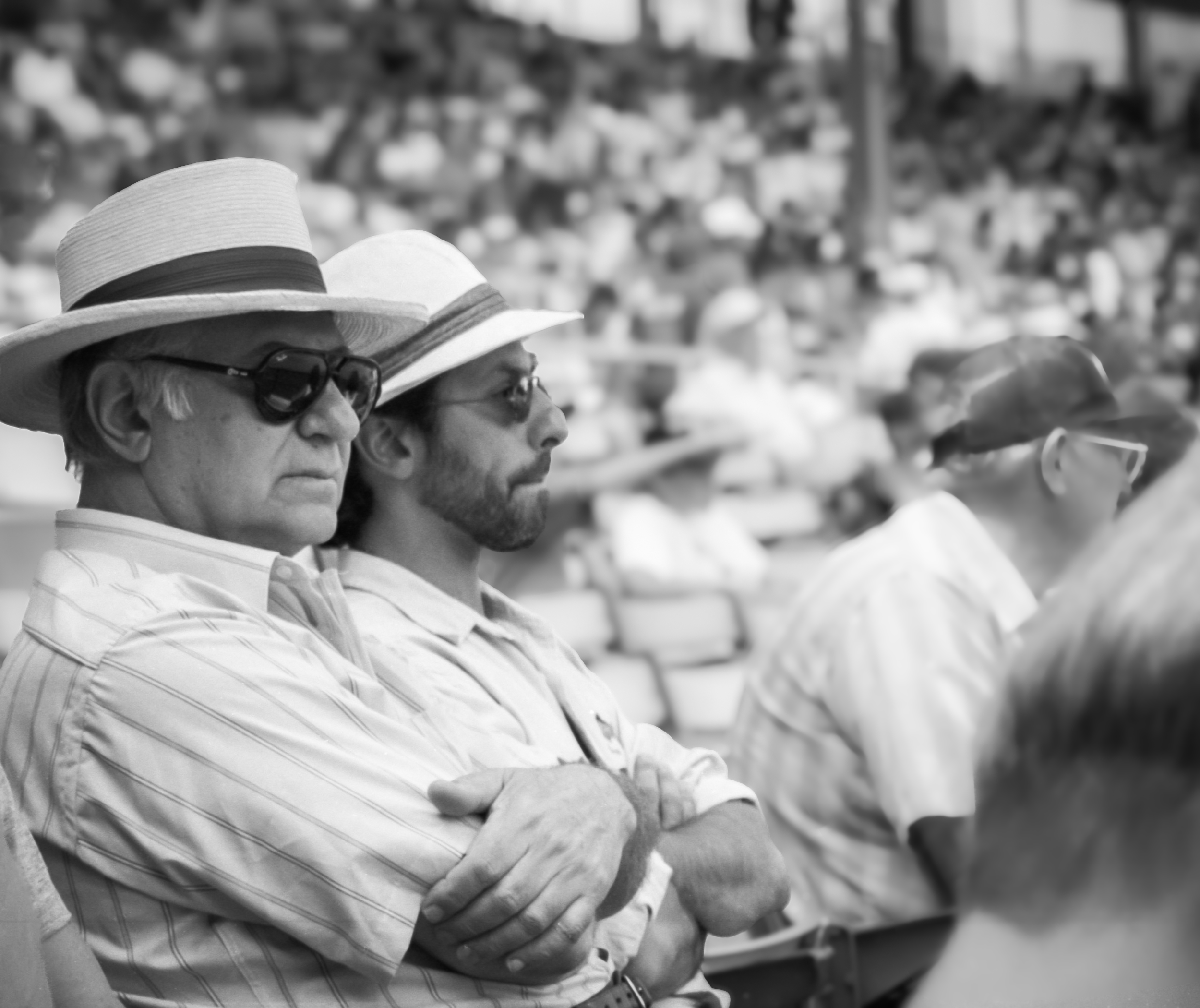 People sitting in a stadium, including an older man with a straw hat and glasses, a man with a fedora, and a woman with glasses, attending an outdoor event.