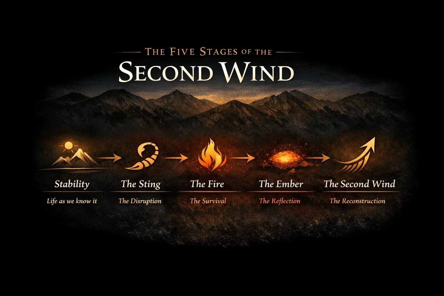 A graphic illustrating the five stages of the Second Wind concept: Stability, The Sting, The Fire, The Ember, and The Second Wind, with relevant icons and descriptions for each stage.