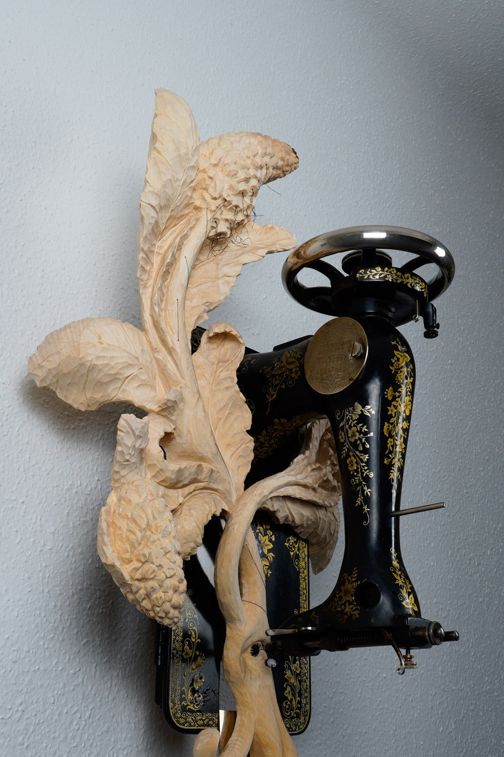 Hybrid #3, 2026. Wood, thread and objet trouvé — 73x37x30cm