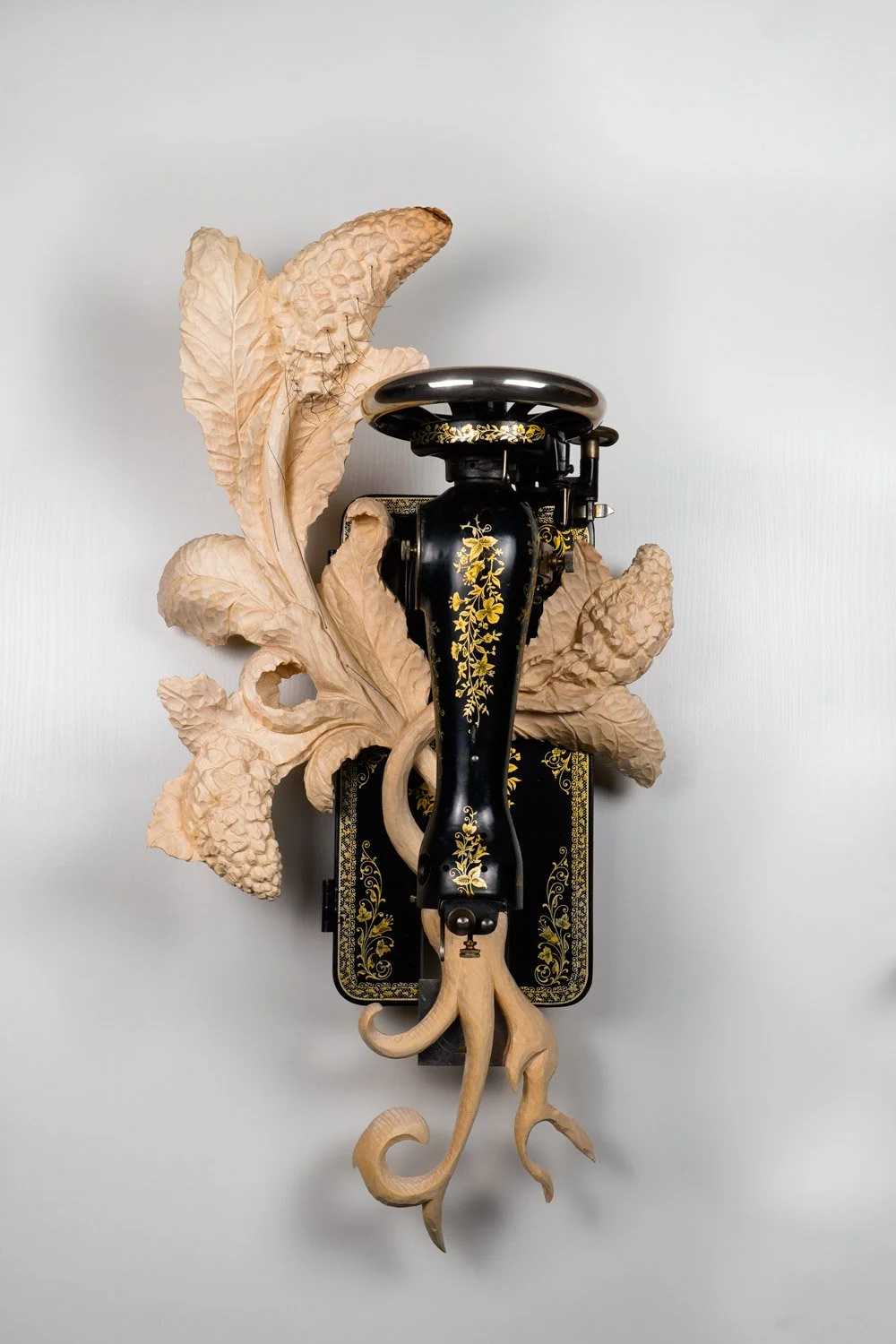 Hybrid #3, 2026. Wood, thread and objet trouvé — 73x37x30cm