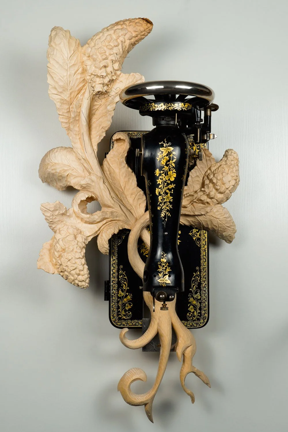 Hybrid #3, 2026. Wood, thread and objet trouvé — 73x37x30cm
