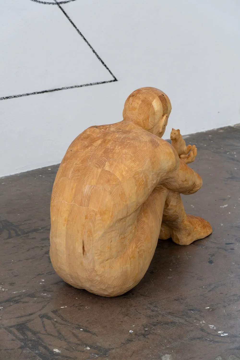 Einblick (Insight), 2023. Wood and charcoal — 80x90x56cm (dimensions without wall drawing)