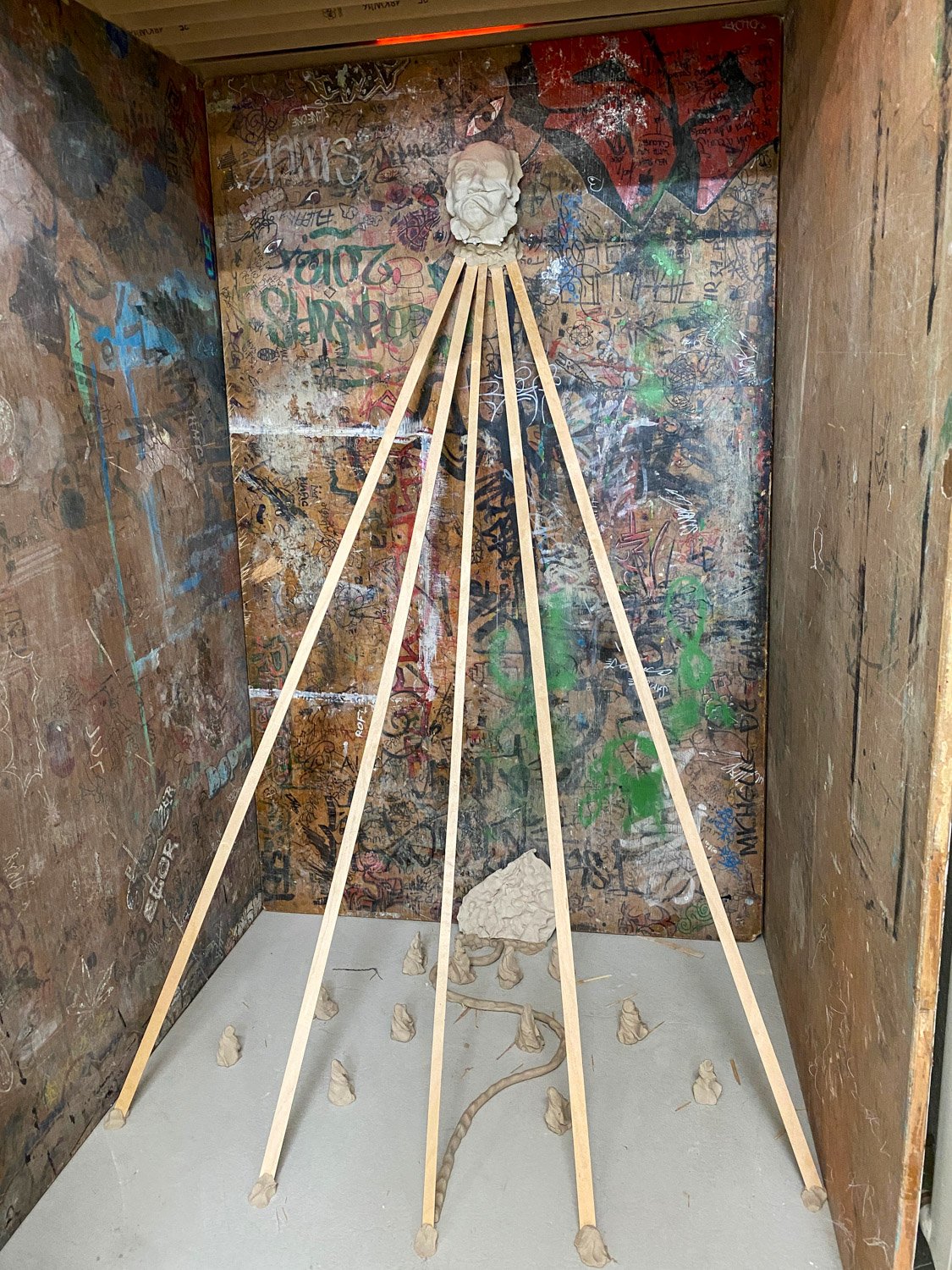 Marterle (Wayside shrine), 2022. Wood, ceramics and multilayer boards — 160x90x90cm