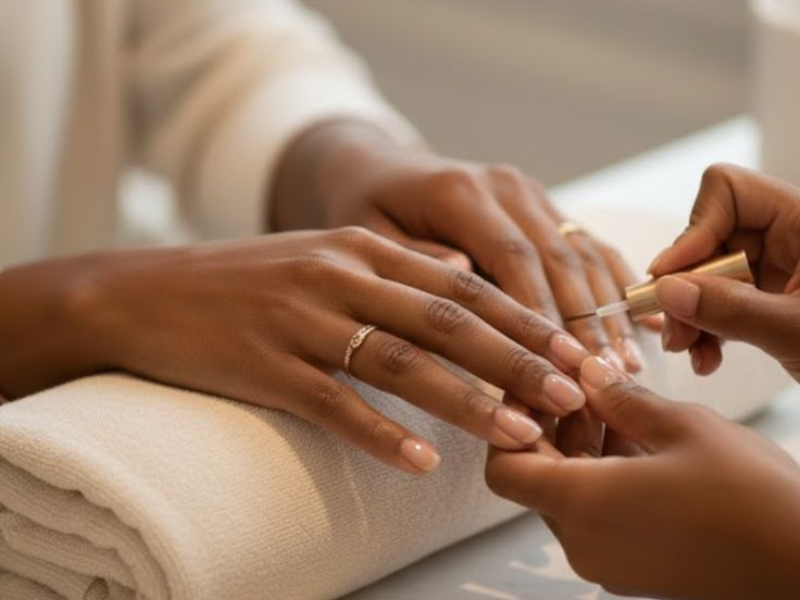 Close-up of a person receiving a manicure, with a nail technician applying nail polish on their fingernails.