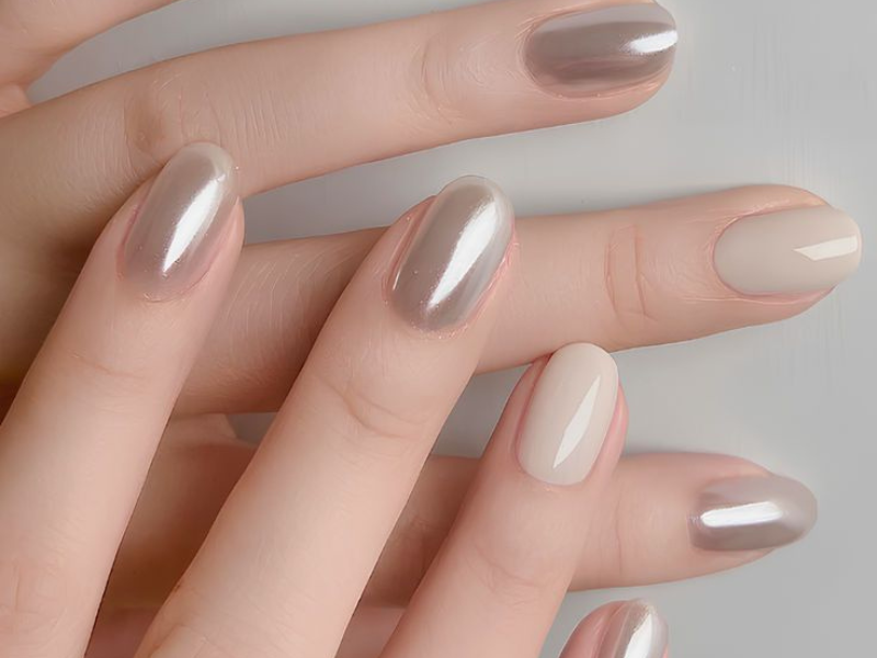 Close-up of a hand with manicured nails painted in neutral and metallic shades.