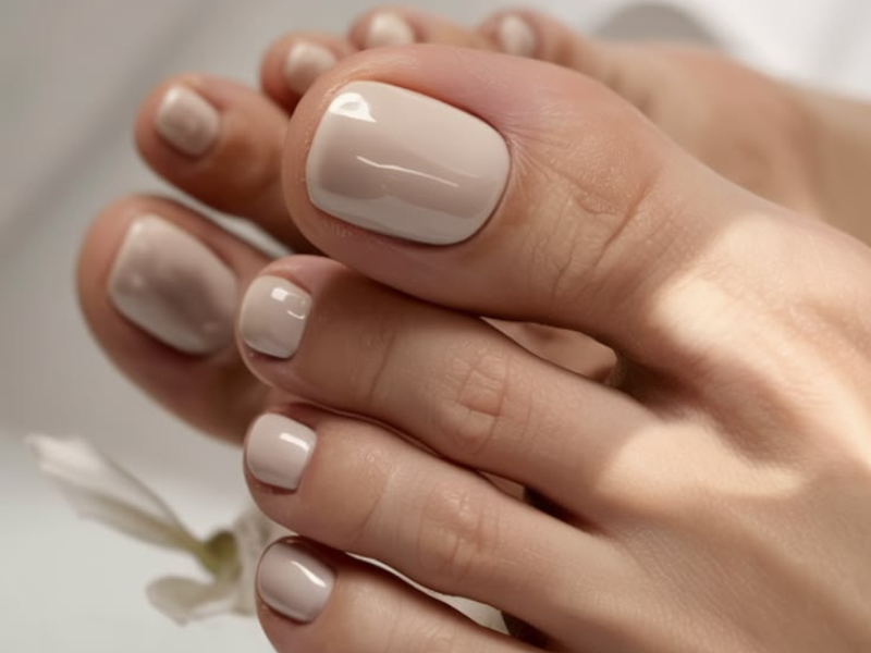 Close-up of manicured fingernails painted in a light, glossy nude color.