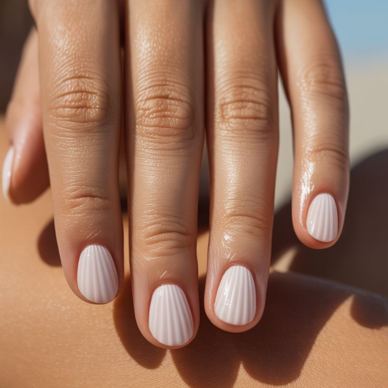 Close-up of a hand with neatly manicured nails painted with white nail polish featuring subtle vertical lines, resting on a tan surface with sunlight.