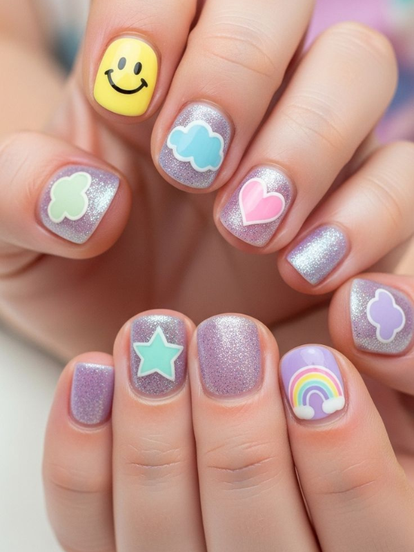 Colorful manicure with glittery lavender nails decorated with stickers of a smiley face, a blue cloud, pink heart, green bow tie, a purple flower, a star, and a rainbow with clouds.