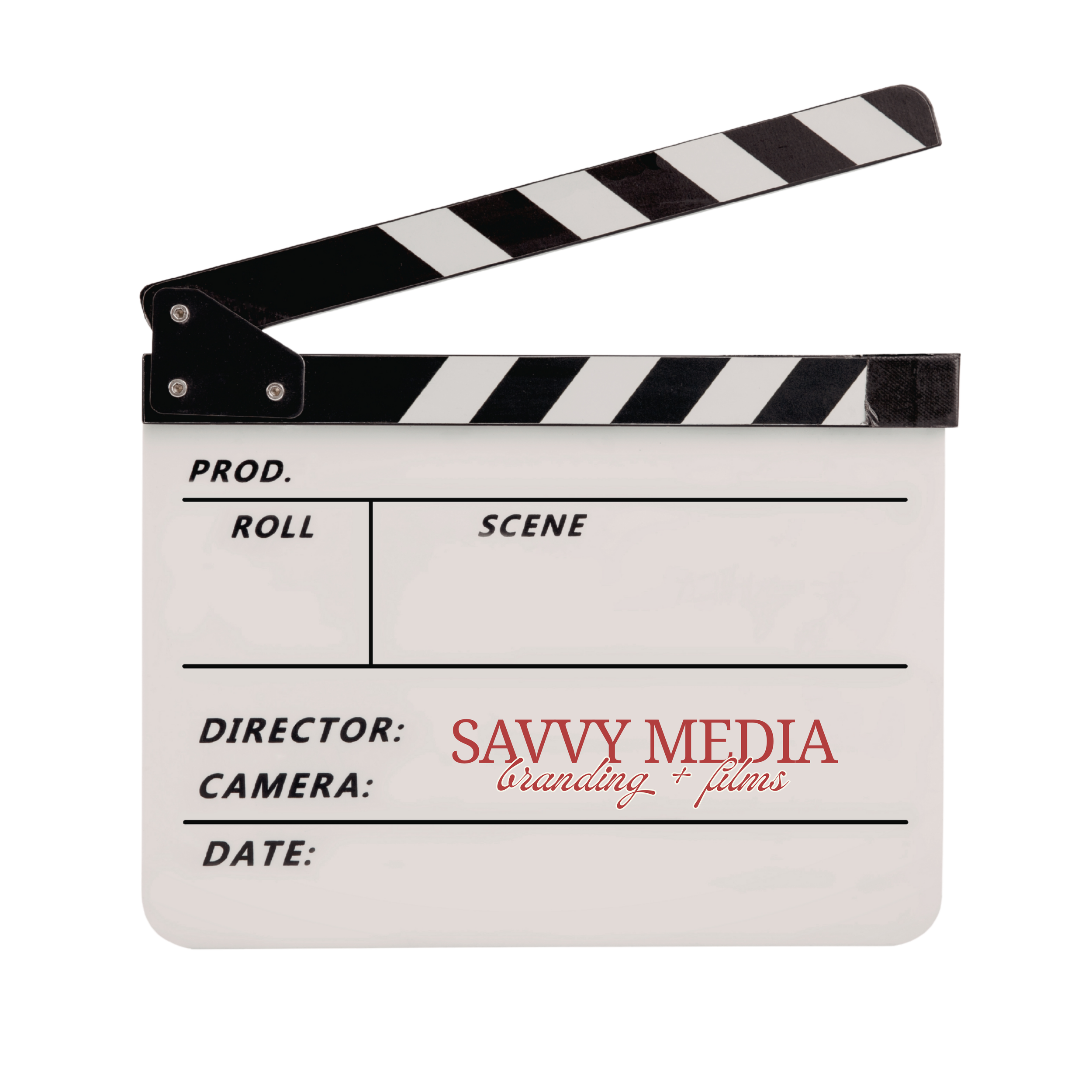 A classic black and white film clapperboard with 'Savvy Media branding + films' written in red cursive on the lower part.