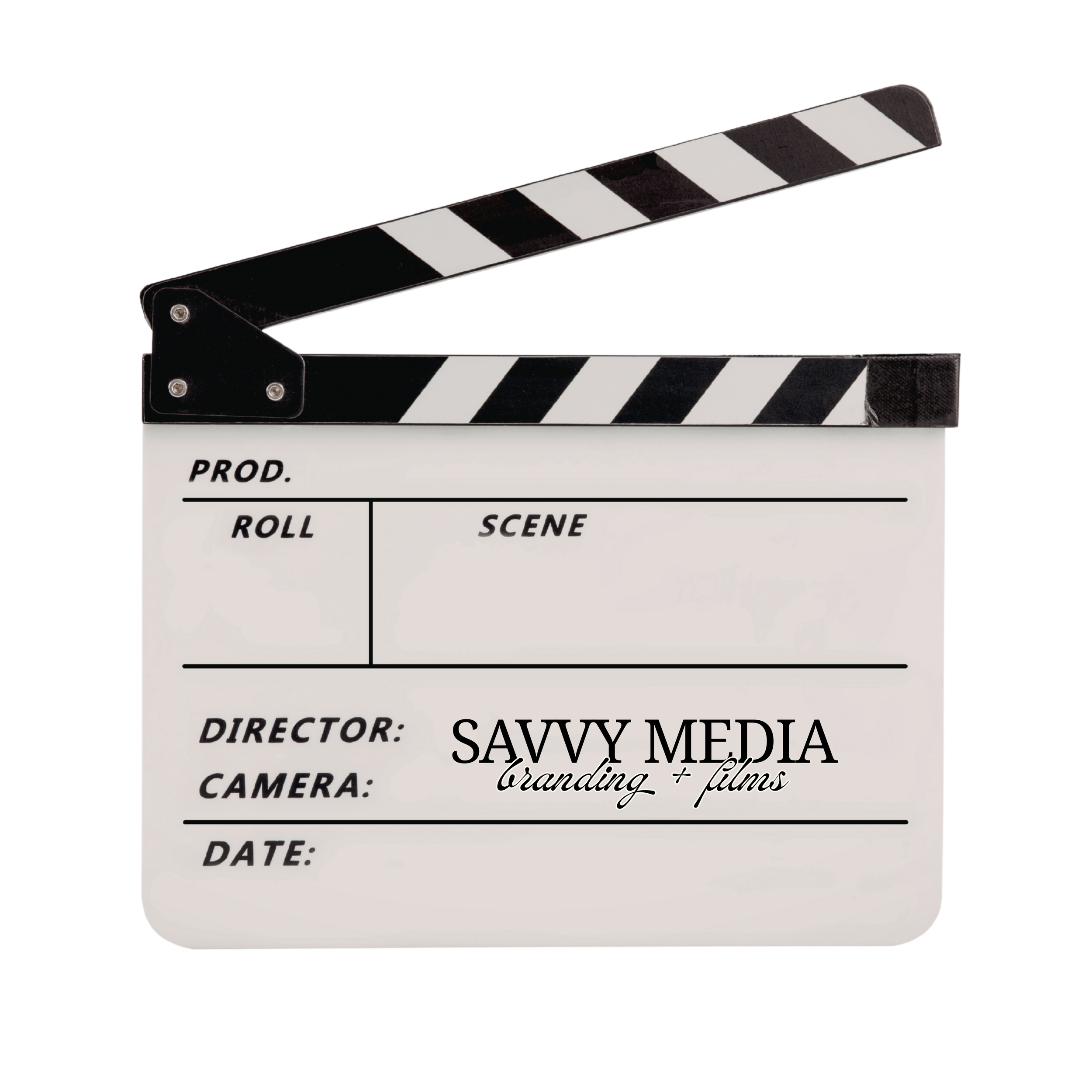 Film clapperboard with black and white stripes, displaying the logo 'SAVVY MEDIA branding + films'.