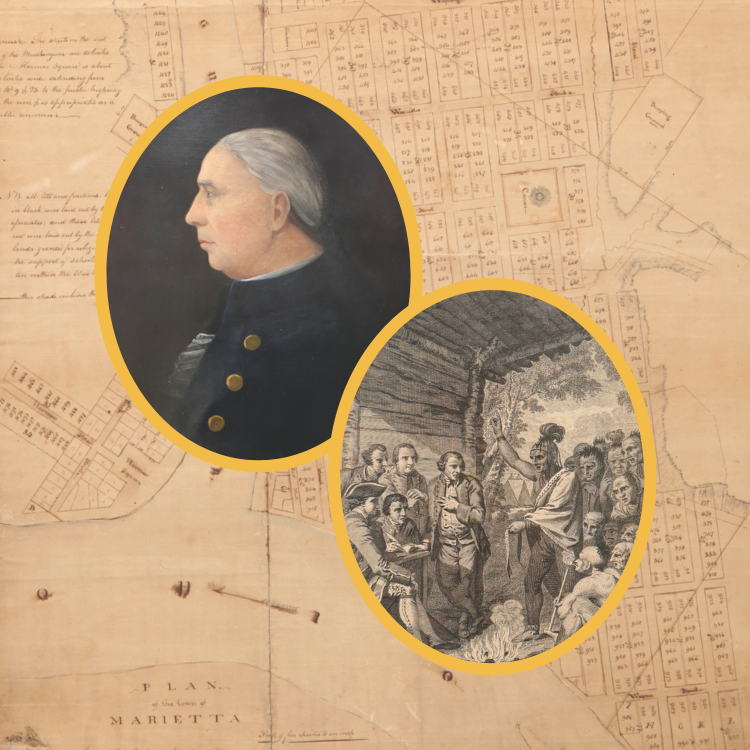Historical map background with two oval portraits: one of a man in historical military uniform in profile and another of a group of people gathered around a seated speaker in a rustic setting.