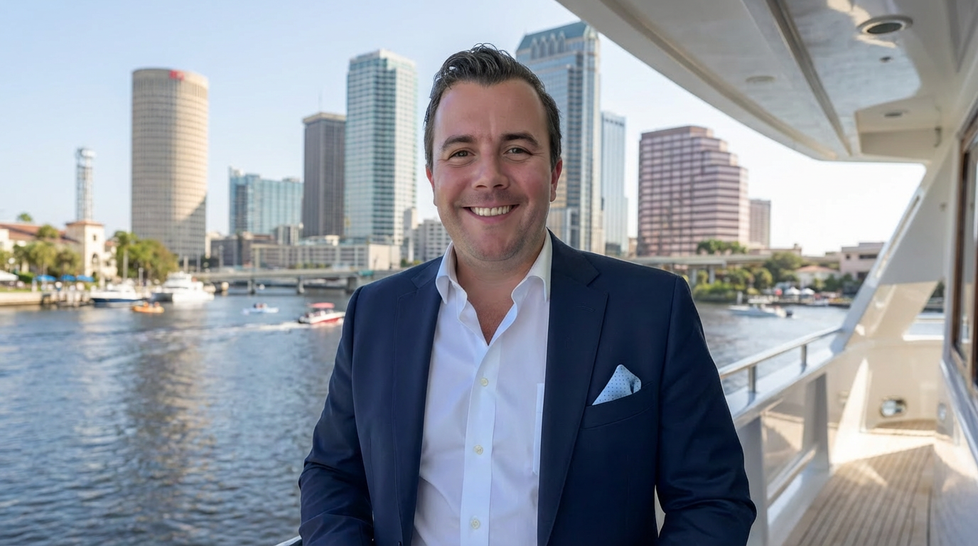 Man in a suit smiling on a boat with a city skyline and river in the background.
