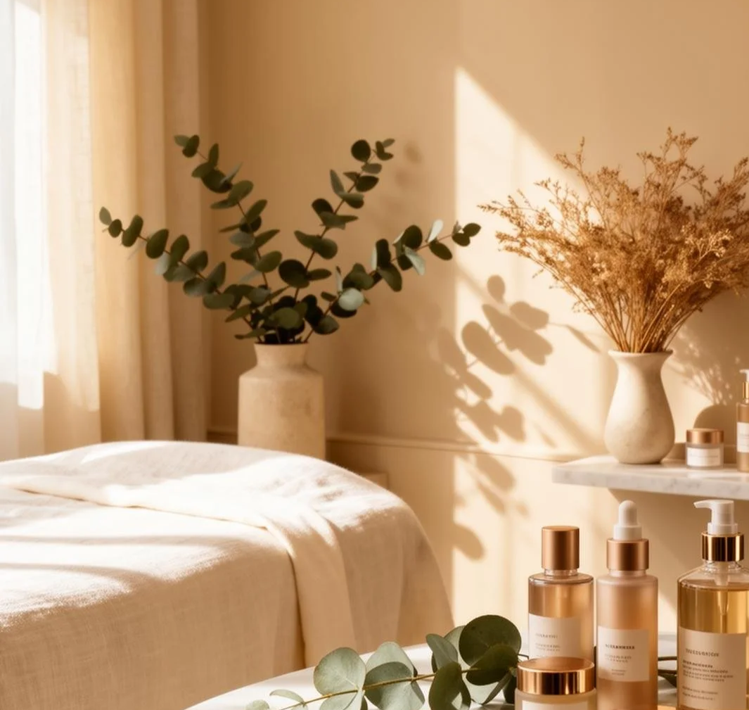 A cozy bedroom corner with beige curtains, a bed with white bedding, and decorative vases with dried and green plants on tables, creating a warm, minimalist atmosphere.