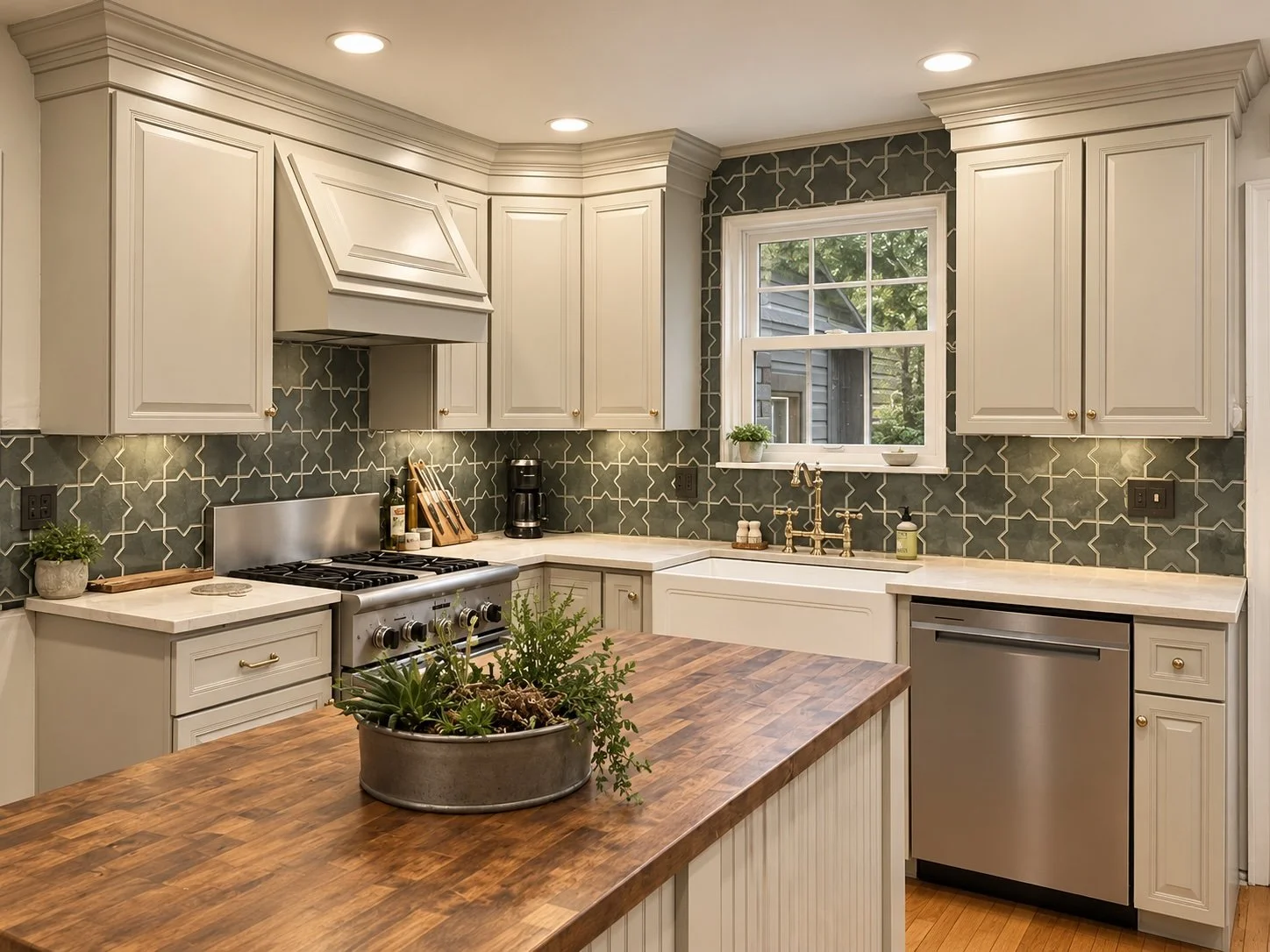 AFTER - New three-step crown molding, custom range hood and paint