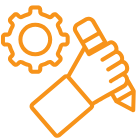 hand, writing and cog