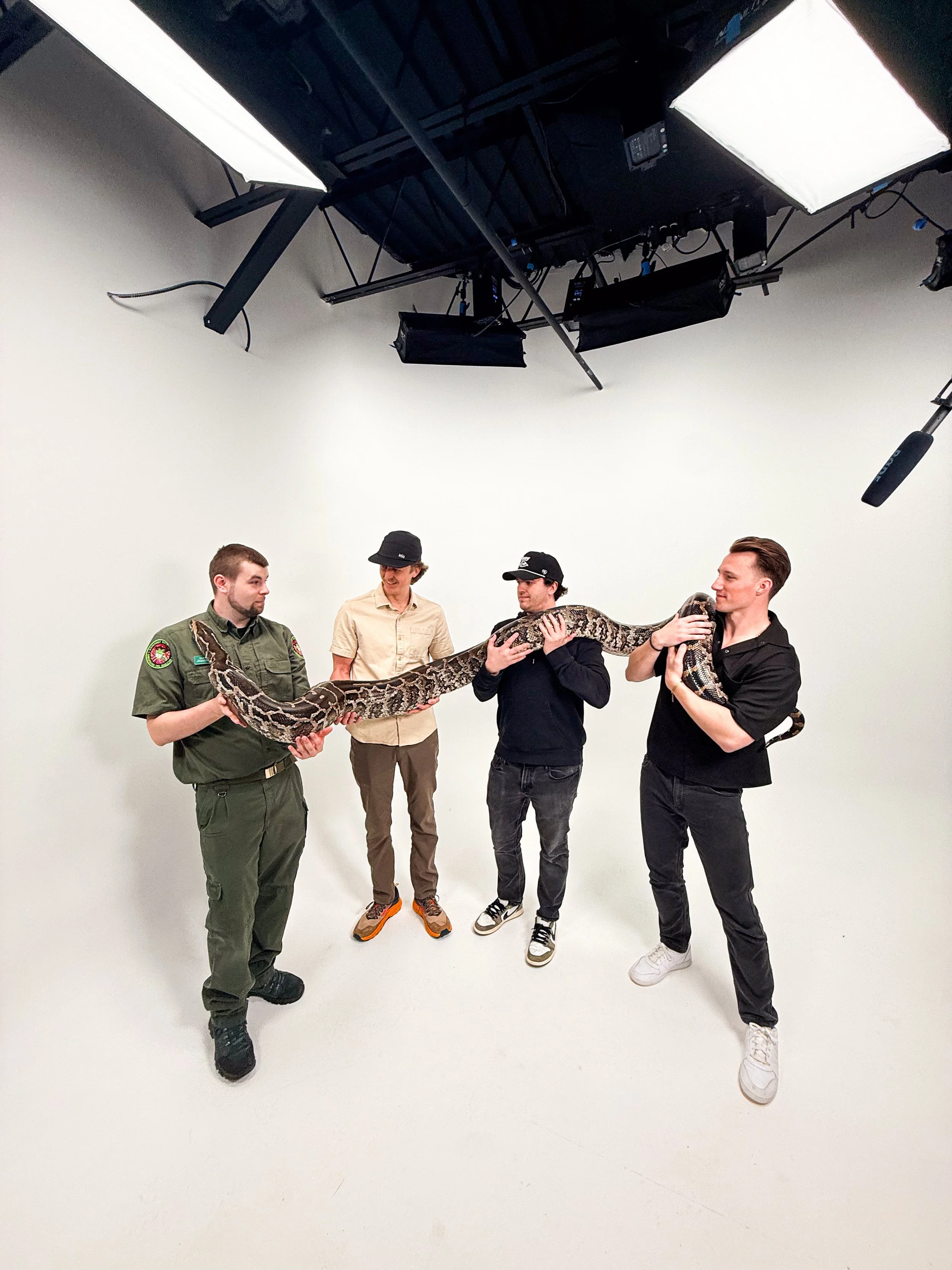 Four men holding a large snake in a photography studio with white walls and professional lighting.