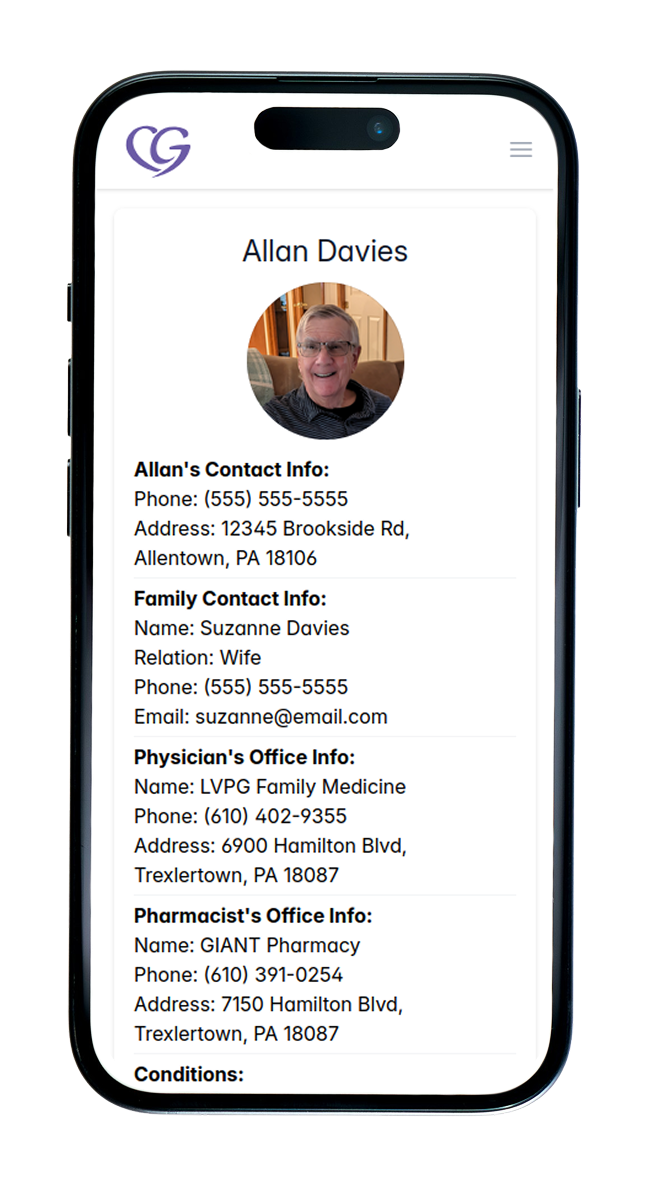 Screenshot of a mobile phone displaying a contact profile for Allan Davies, including personal, family, physician, and pharmacist contact information, with a profile picture of an older man smiling. The app is for CG Notes.