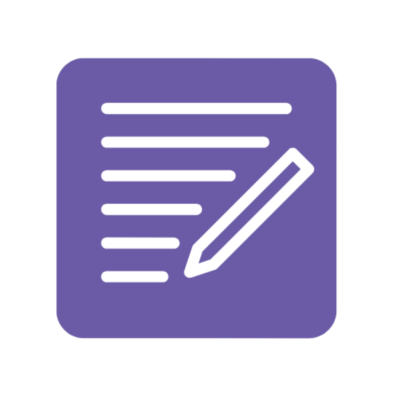 Icon of a purple square with a clipboard and a pencil, representing writing or editing.