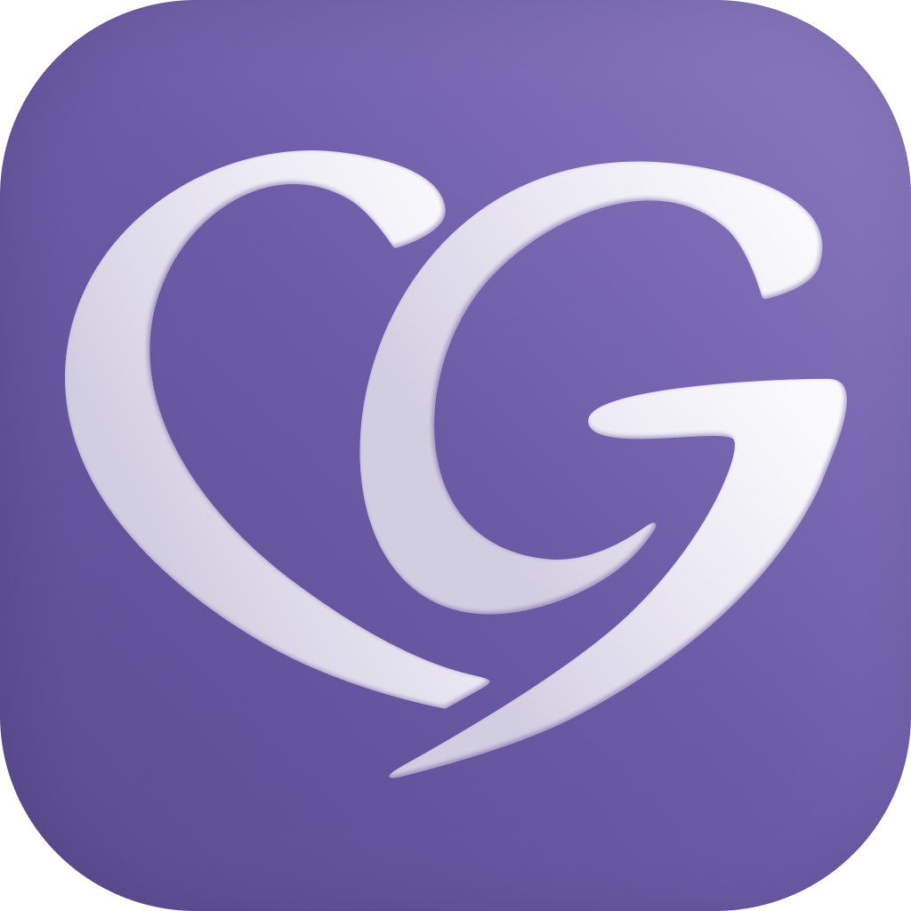 A purple background with a stylized white heart and letter G inside it, forming a logo.
