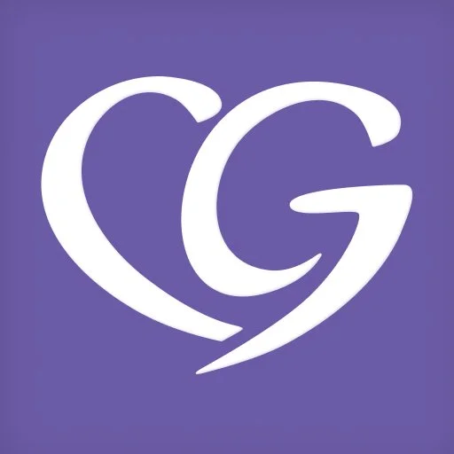 Logo with a white heart-shaped outline surrounding a stylized letter G on a purple background.