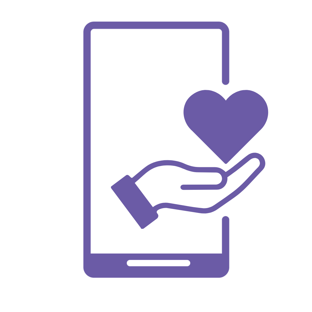 A smartphone with a hand reaching out of the screen, holding a heart symbol.