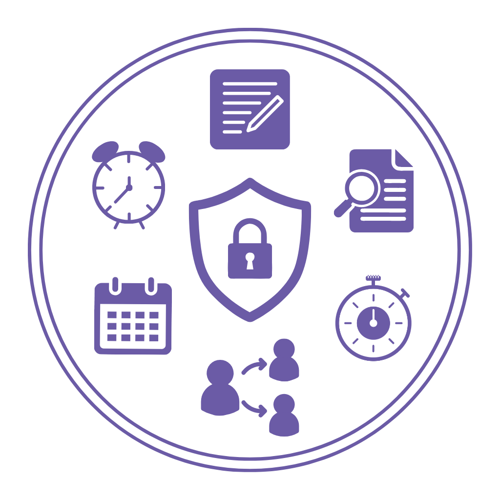 Icons representing data protection, including a lock in the shield, a clock, a calendar, documents, a magnifying glass, a pen, and people, all within a circular border.