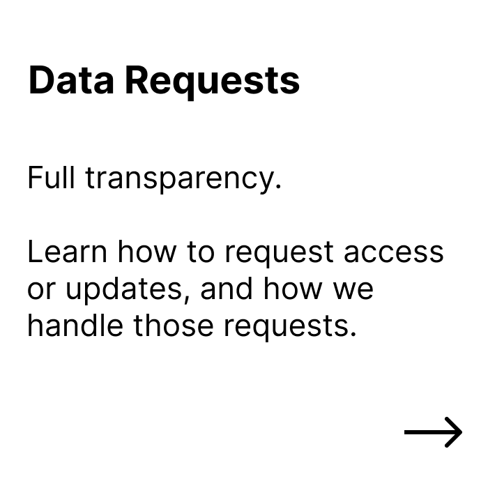 A white slide with black bold title 'Data Requests' and smaller text explaining transparency, requesting access or updates, and handling requests, with a right arrow at the bottom right corner.