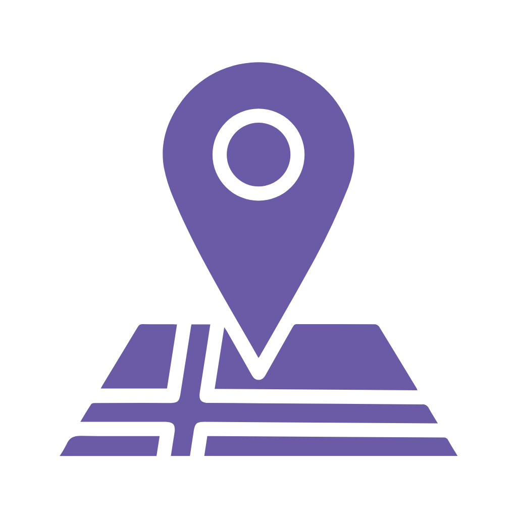 Icon of a purple map marker pin on a map, representing location or navigation.