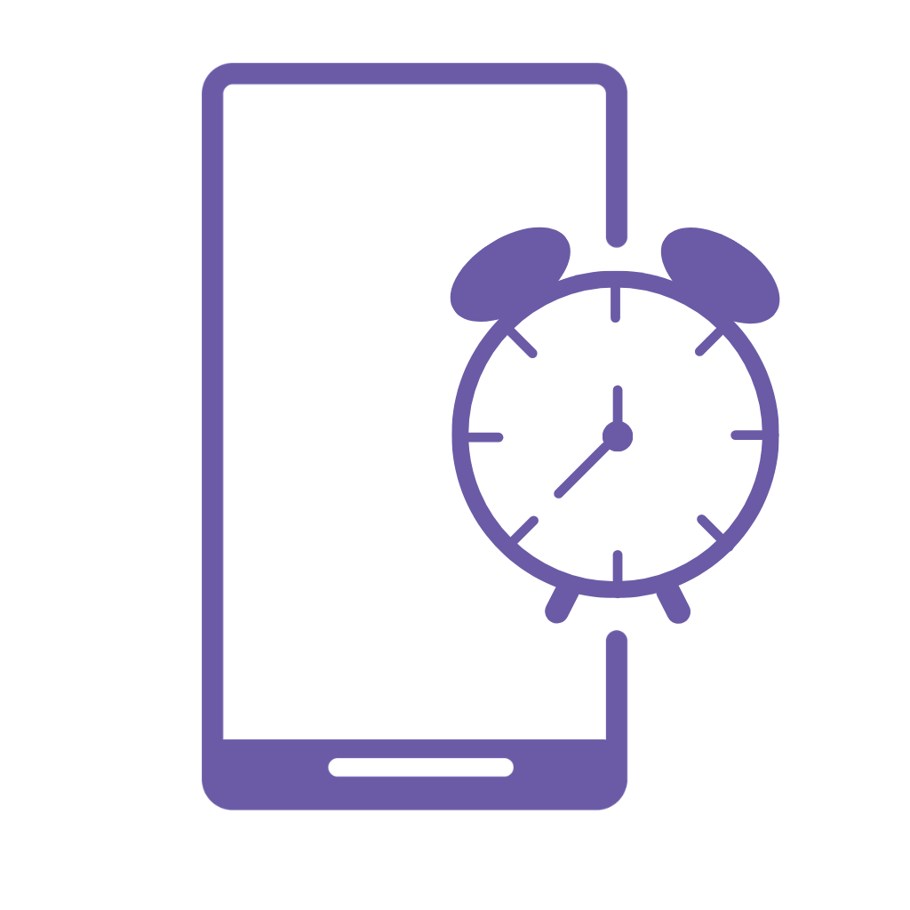 Icon of a smartphone with a traditional alarm clock overlayed, both in purple.