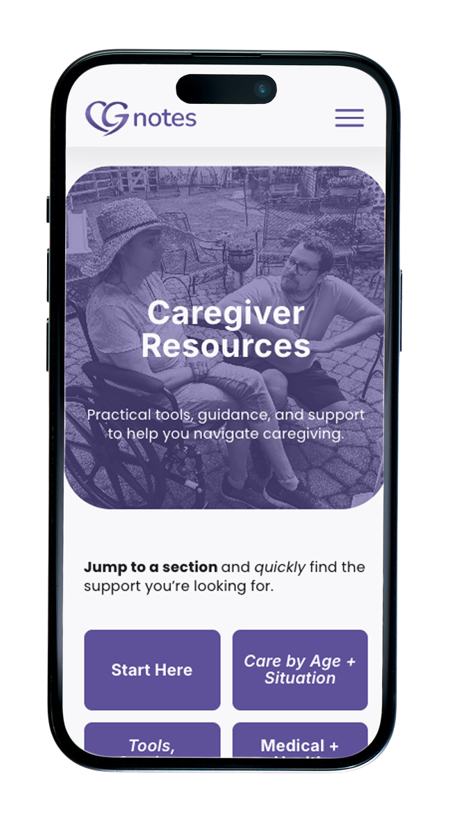 Mobile phone screen displaying a caregiver resources website with a purple theme, featuring an image of a caregiver and an elderly person, with sections for guidance tools, age-specific care, and medical information.  CG Notes.
