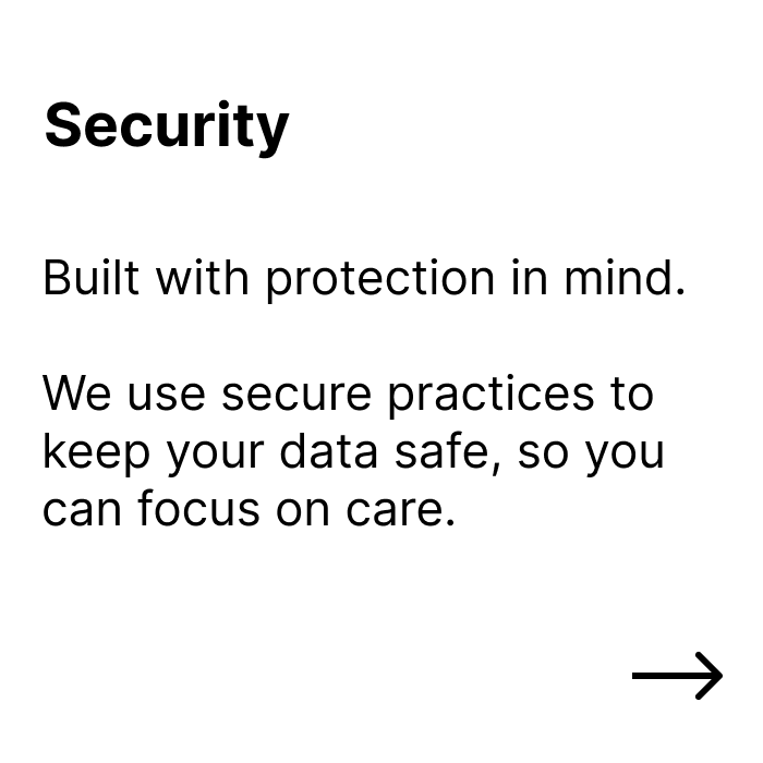 A digital screen displaying a message about security practices, with bold 'Security' heading, followed by text about protection and data safety, and an arrow icon in the bottom right corner.