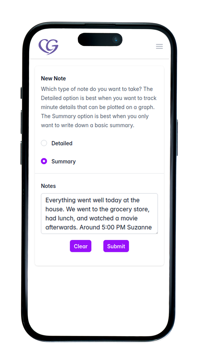 Smartphone screen displaying a note-taking app with options for detailed or summary notes, a text box with a note about a day at home, and two buttons labeled 'Clear' and 'Submit' in purple. The app is for CG Notes.