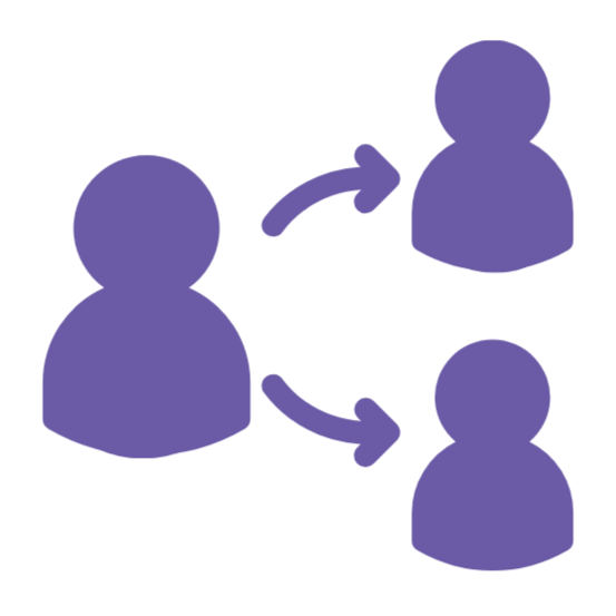 Diagram showing one person connected to two others with arrows, representing a flow or relationship.
