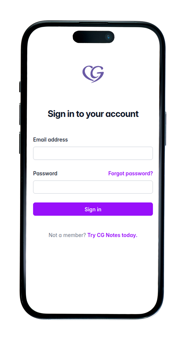 Smartphone screen displaying a login page for CG Notes with fields for email and password, a purple sign in button, and links for forgot password and creating a new account. The app is for CG Notes.