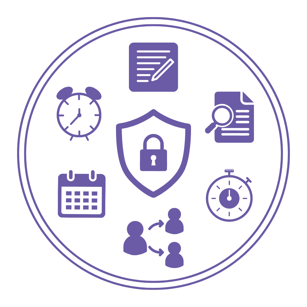 Icons representing data security and privacy, including a lock in a shield, clock, calendar, documents, magnifying glass, and people exchanging information
