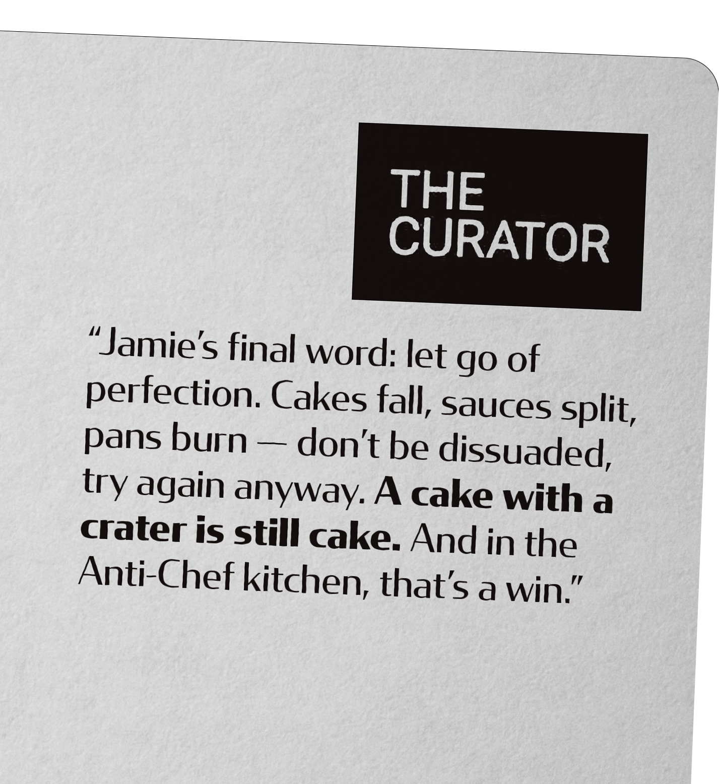 Quote from The Curator about letting go of perfection, with emphasis on cakes and craters, in a printed text.