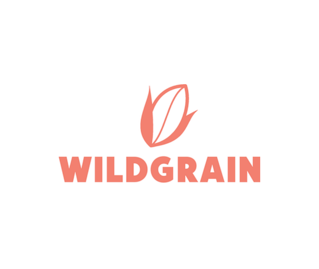 Logo for Wildgrain featuring a stylized leaf with the word 'WILDRRAIN' in bold pink letters.